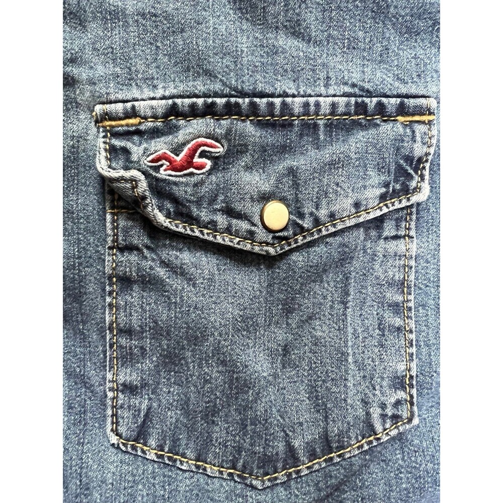Hollister Western Shirt Mens Sz XL Faded Blue Denim Pearl Snap Cowboycore Y2K - Picture 3 of 7